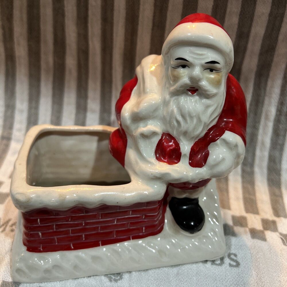 Vintage JAPAN figurine Christmas SANTA red brick chimney rooftop planter candy